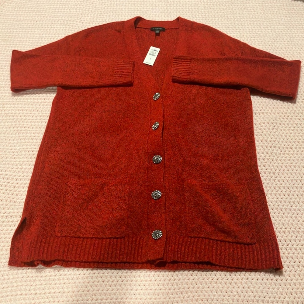 Talbots Red Cardigan Sweater with Ribbed Knit Texture